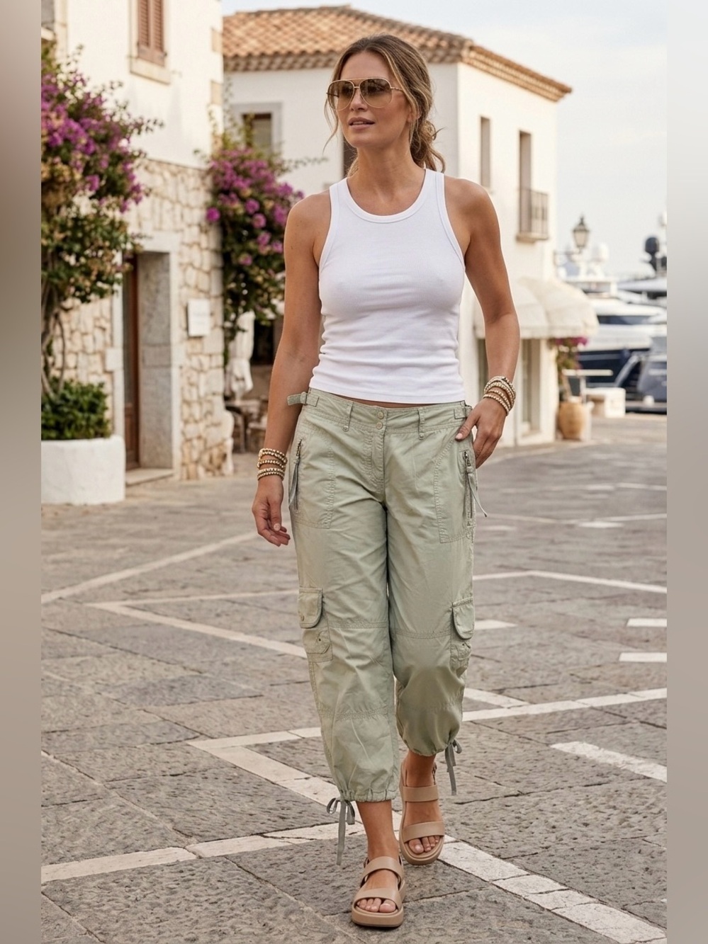 Oilily NWT Designer Utility Cargo Capri Pants Sage Green Size 42
